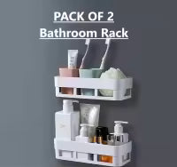 Pack of 2- Plastic Inter Design Bathroom Kitchen Organize Shelf Rack Shower Caddy Basket Corner with Wall Mounted Suction Sticker Tape Suction Cup, Bathroom Storage Rectangular Rack Shelf Organizer Toilet Adhesive Shampoo Gel Storage Rack