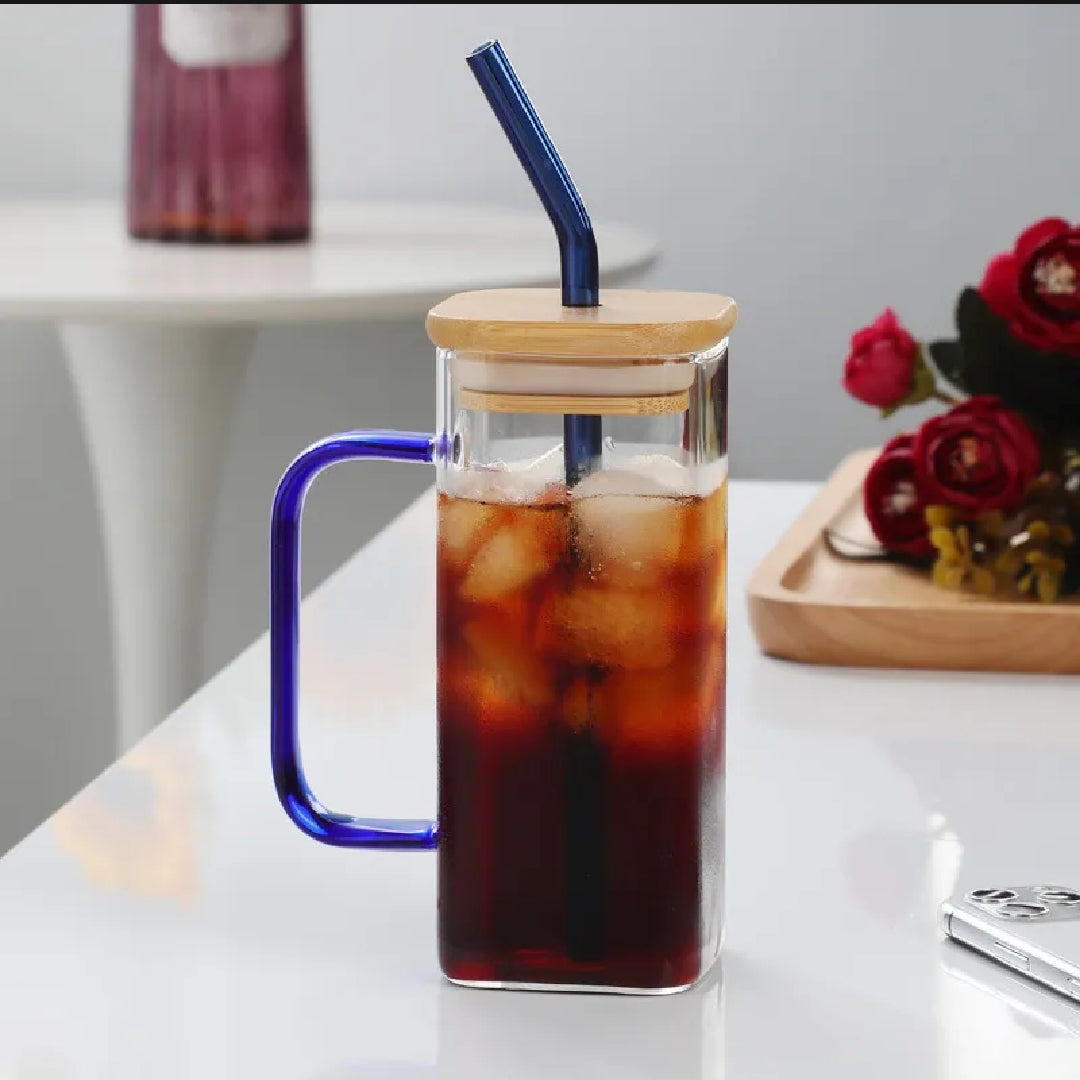 Transparent Glass Mug with Wooden Lid & Glass Straw (380ml) – Aesthetic Drinking Glass Tumbler for Iced Coffee, Tea & Juice – Cute Glass with Lid and Straw for Girls and Boys – Reusable Water Bottle Cup