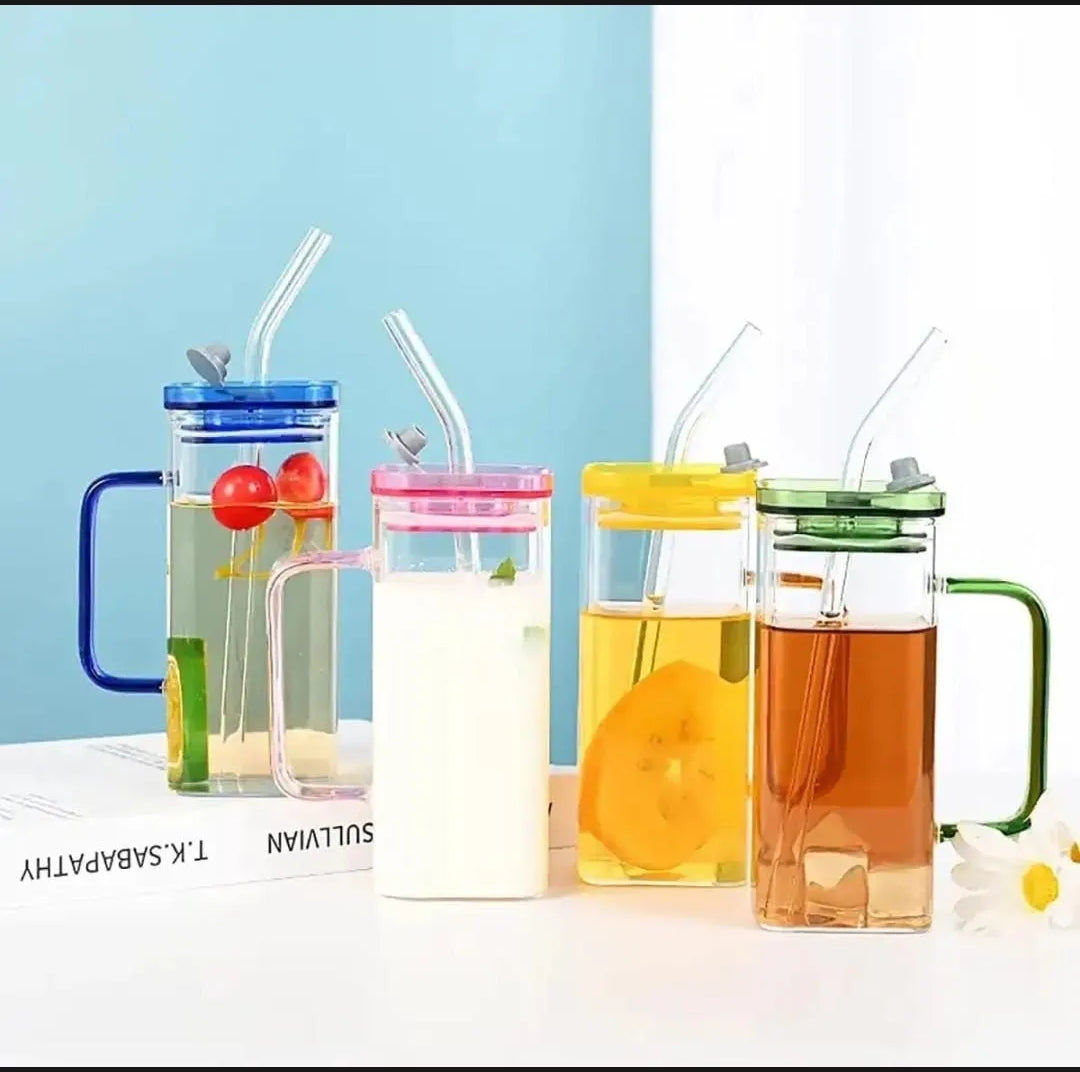 Transparent Glass Mug with Wooden Lid & Glass Straw (380ml) – Aesthetic Drinking Glass Tumbler for Iced Coffee, Tea & Juice – Cute Glass with Lid and Straw for Girls and Boys – Reusable Water Bottle Cup