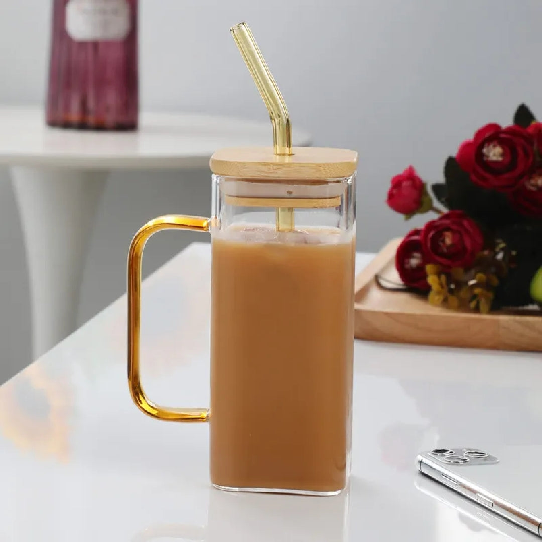 Transparent Glass Mug with Wooden Lid & Glass Straw (380ml) – Aesthetic Drinking Glass Tumbler for Iced Coffee, Tea & Juice – Cute Glass with Lid and Straw for Girls and Boys – Reusable Water Bottle Cup