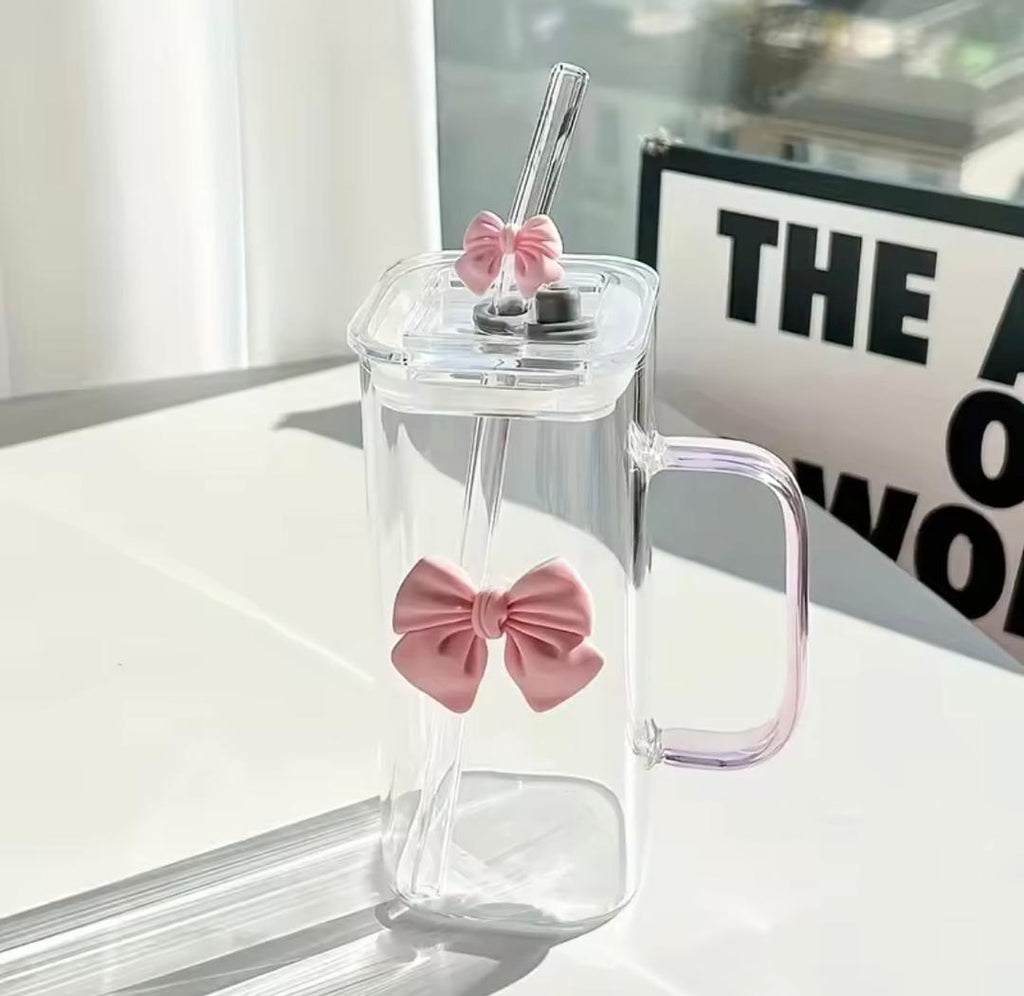 Heat Proof Transparent Drinkware Glass Mug 400ml With Lid and Straw