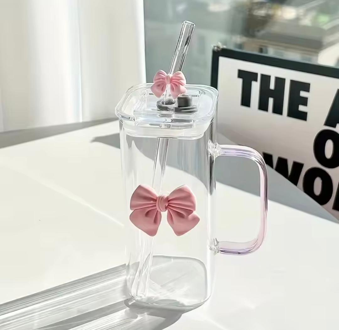 Heat Proof Transparent Drinkware Glass Mug 400ml With Lid and Straw