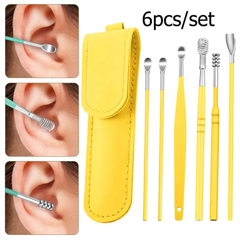 6 Pcs Set Ear Cleaner Kits Stainless Steel Earpick Wax Remover Curette Ear Pick Ear Cleaner Spoon Spiral Ear Clean Tool