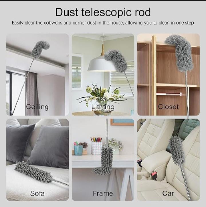 Microfiber Duster with Extension Pole (Stainless Steel), Extra Long 100 inches, with Bendable Head, Extendable Duster for Cleaning High Ceiling Fan, Interior Roof, Cobweb, Gap Dust Wet or Dry
