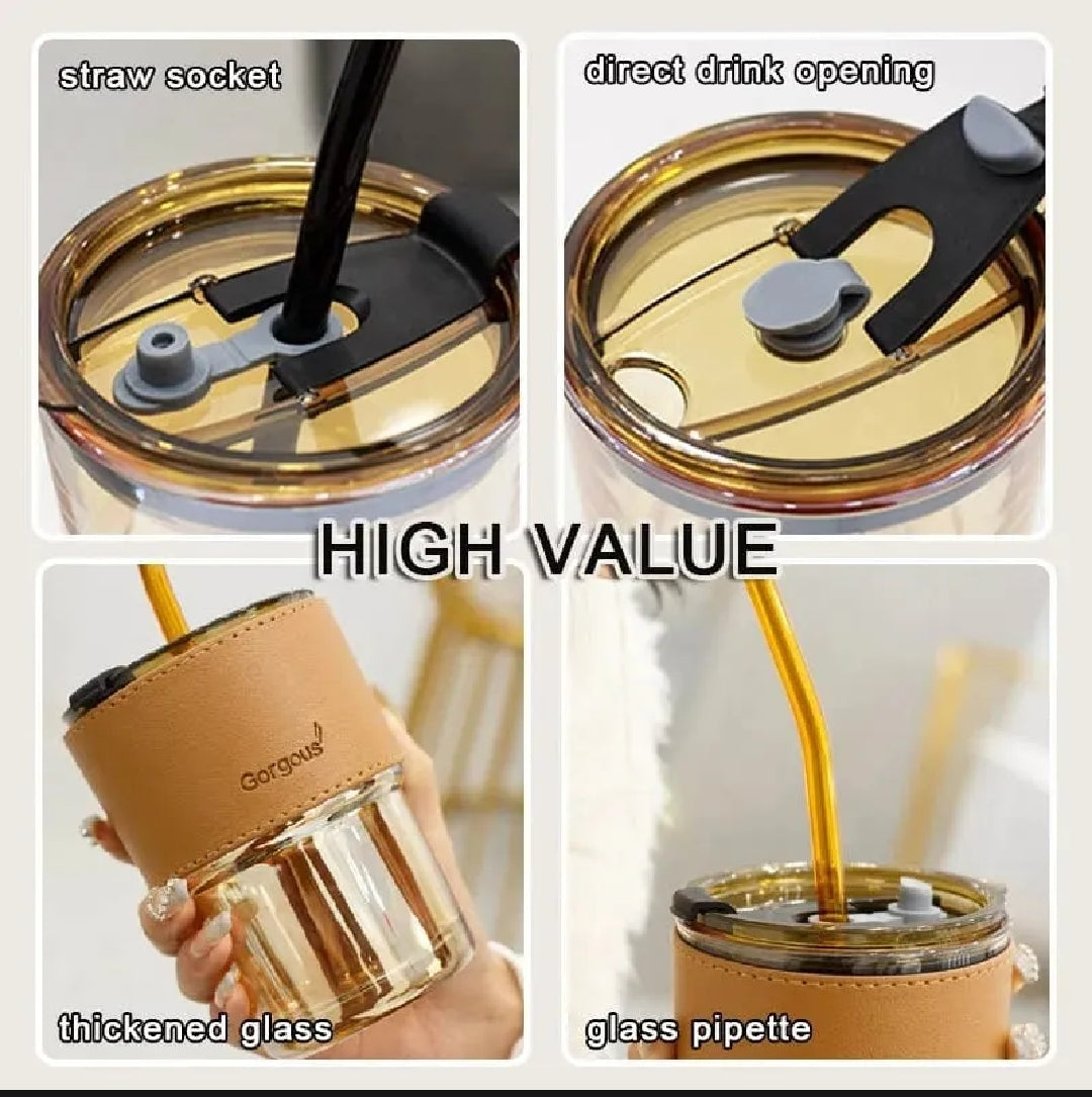 Tumbler Mug with Lid, Glass Straw and Protective Anti-Skid Leather Sleeve for Hot and Cold Beverages Tea Coffee Smoothies Fruit Juice Travel Mug .