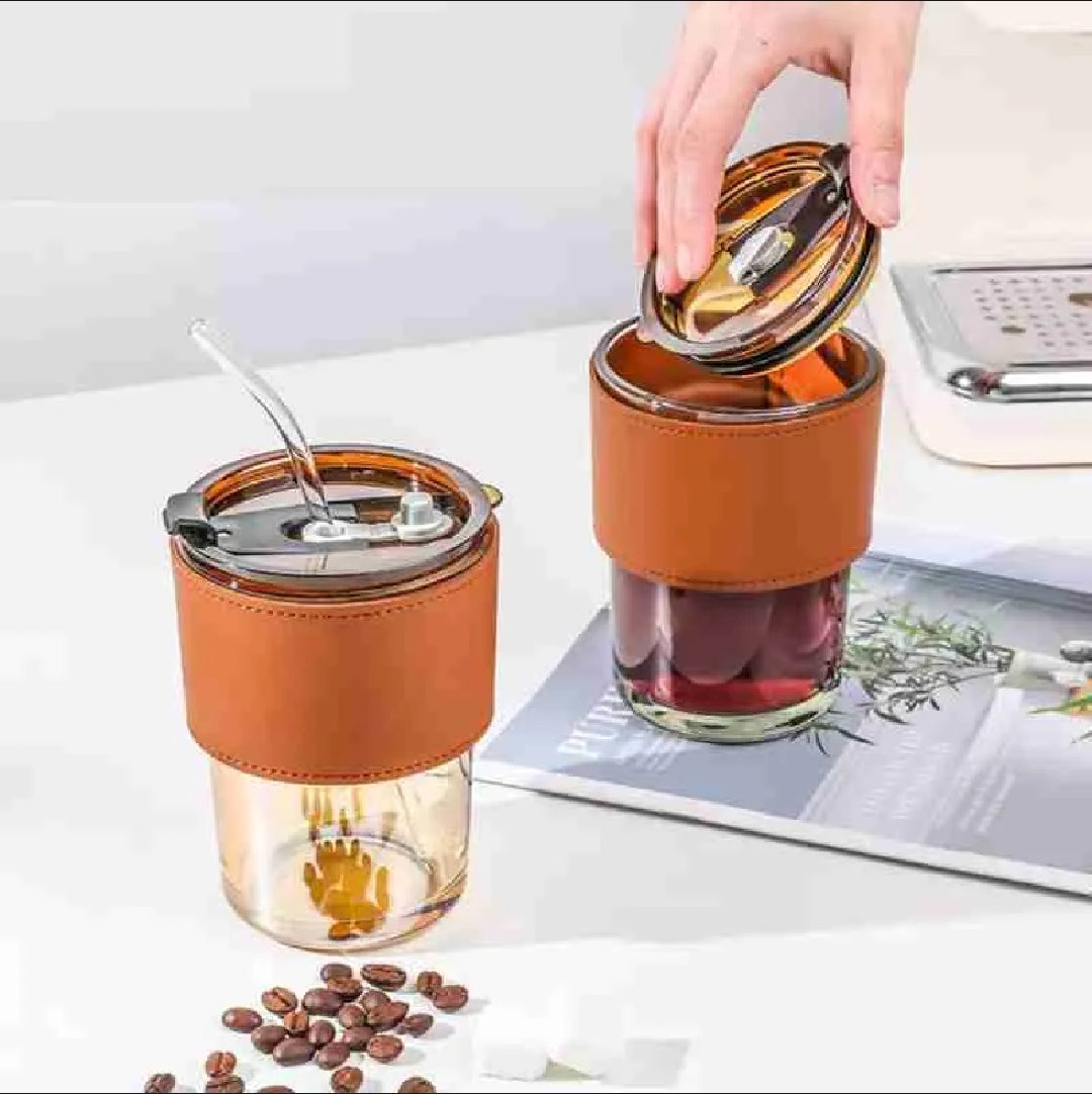 Tumbler Mug with Lid, Glass Straw and Protective Anti-Skid Leather Sleeve for Hot and Cold Beverages Tea Coffee Smoothies Fruit Juice Travel Mug .