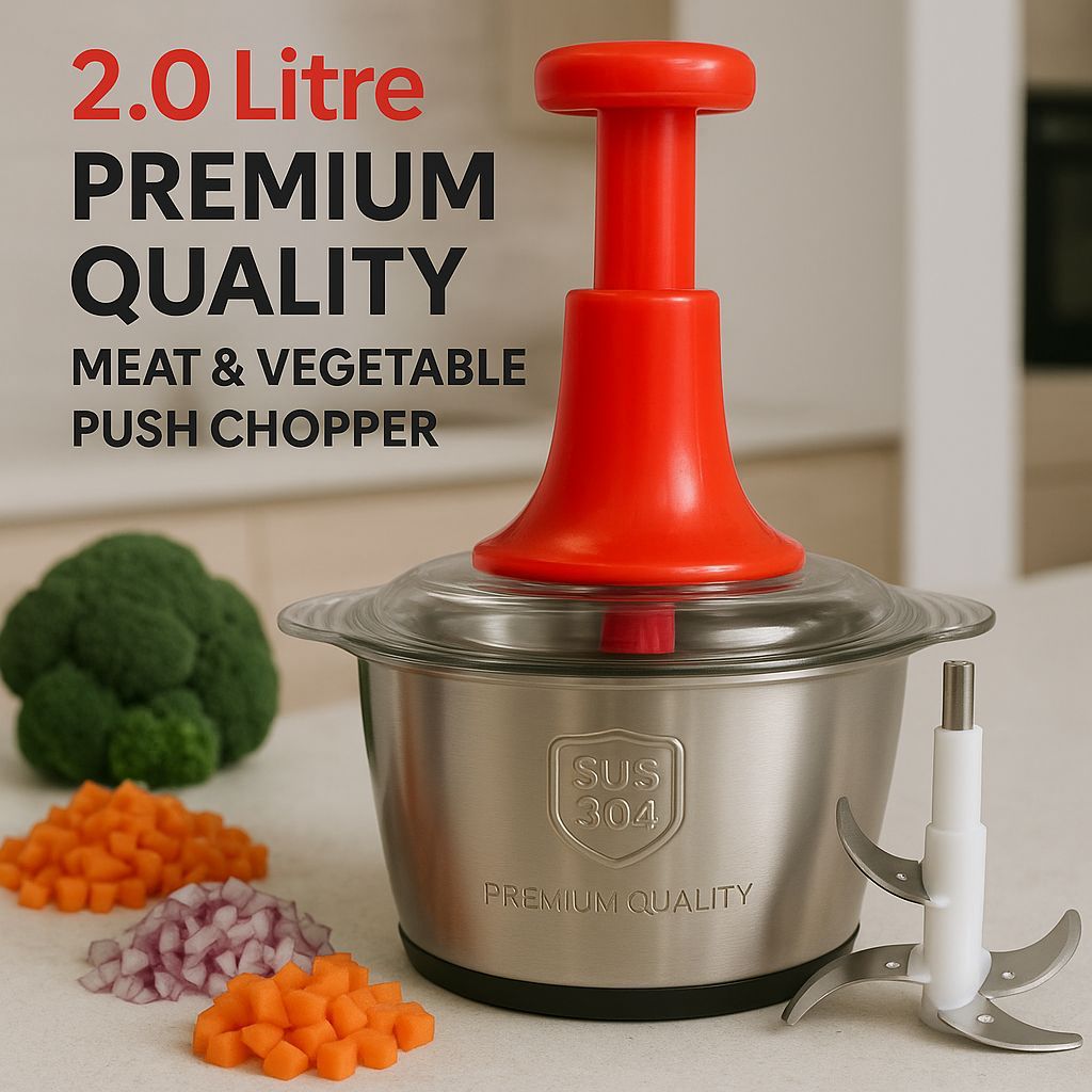 Manual Stainless Steel Multifunctional 2L Hand Push Chopper – 4 Curved Stainless Steel Blades, Meat & Vegetable Cutter, Portable Food Processor Bowl, Easy to Clean, Ideal for Kitchen Use